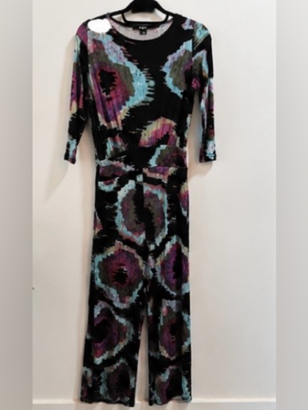 Annabelle Abstract Print Wide Leg Jumpsuit Size Large Boho Colorful Stretch